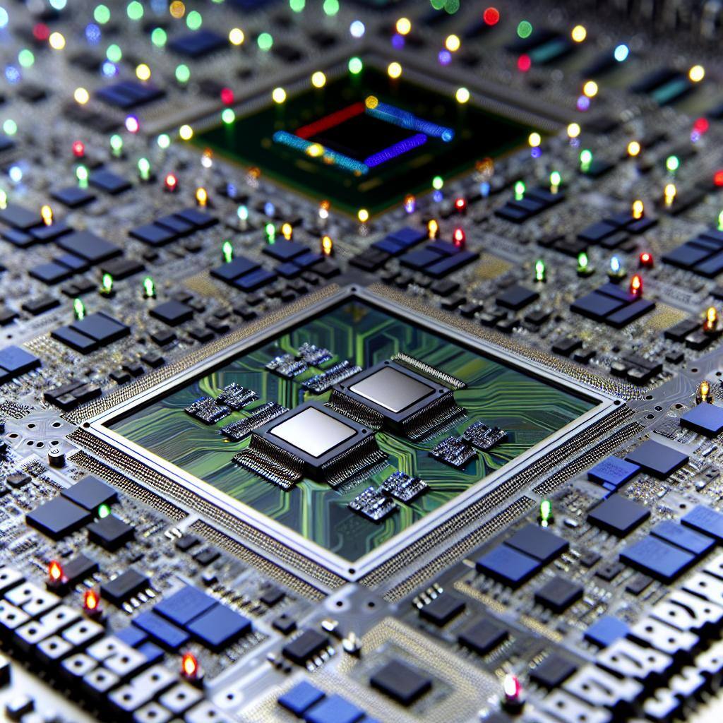A complex digital circuit board with multiple interconnected components, including FPGA chips and specialized processors designed for running Monte Carlo Heston algorithms.